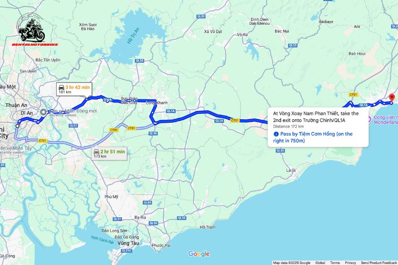 The HCMC to Phan Thiet motorbike tour route via National Highway 1A