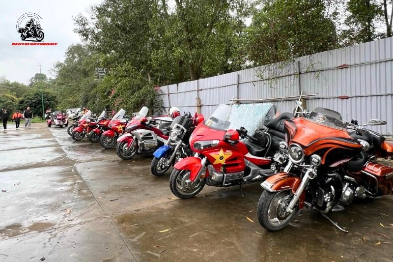 Line of heavy touring motorbikes ready for Ha Giang