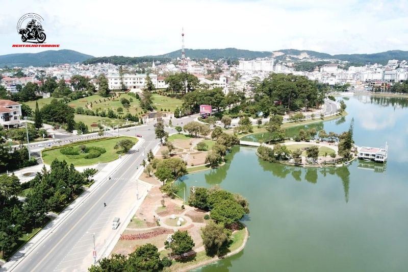 Aerial view of Da Lat city and Xuan Huong Lake on a sunny day