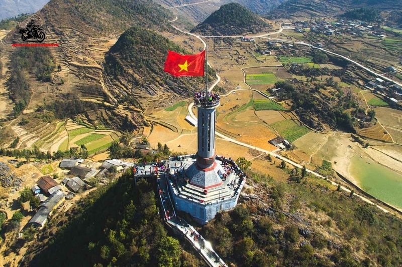 Aerial view of Lung Cu Flag Tower and mountain village