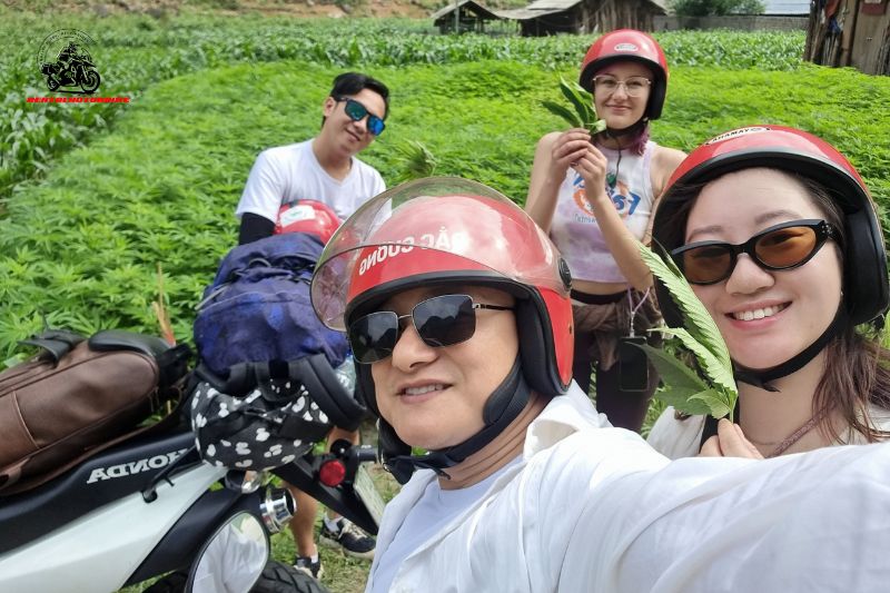 Group selfie in front of lush cornfield