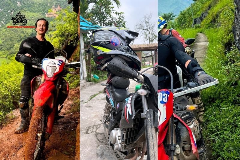Collage showing dirt bikes and riders on muddy, rugged mountain roads