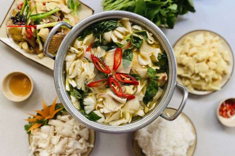 Vietnamese chicken bamboo shoot hotpot served with noodles and herbs